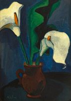 Maggie Laubser; Still Life with Two Arum Lilies and a Leaf in Vase
