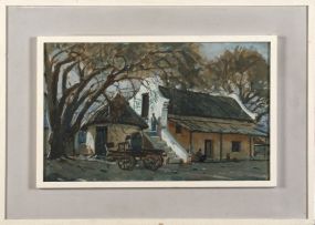 Sydney Carter; A Cape Cottage with a Rondavel and a Wagon