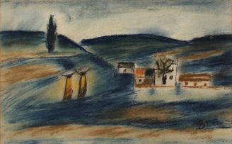 Pranas Domsaitis; Landscape with Figures and Houses