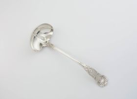 An American New Queen's pattern silver ladle, Gorham Manufacturing Co, with import marks for Birmingham, 1904