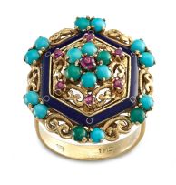 Turquoise, ruby and enamel dress ring