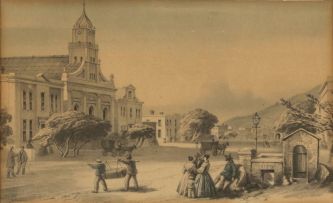 Thomas Bowler; From Wynberg Hill, False Bay in the Distance; The Government House; The Lutheran Church, Strand Street; and a print of Klein Constantia