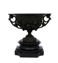 A Victorian bronze two-handled urn, on a marble base, mid-19th century