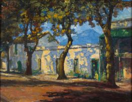Sydney Taylor; Tree Lined Street with Houses, Mountains beyond