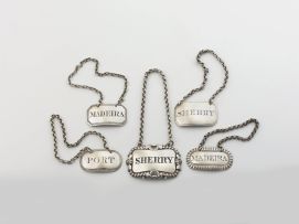 A miscellaneous group of five silver sherry, madeira and port decanter labels, various makers, London, 1815 - 1849