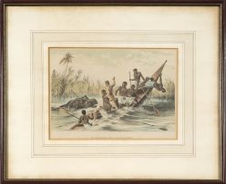 Unknown; The Adventure with a Hippopotamus, and The Ma-Robert on The Zambesi, 1883. Two framed prints from 'The Life and Explorations of David Livingstone, LL.D. compiled from reliable sources', Adam and Co, 14 Ivy Lane, London and Newcastle, 1883.;