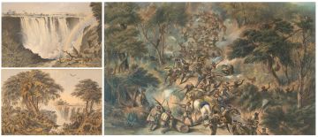 After Thomas Baines; Attack of the K*****s on the Troops under the Command of Lt Col Fordyce of the 74th Highlanders; and two lithographs from The Victoria Falls series, No 5 Great Western (or Main) Fall, and No 6 Herd of Buffaloes driven to the edge of the chasm