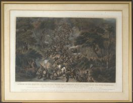 After Thomas Baines; Attack of the K*****s on the Troops under the Command of Lt Col Fordyce of the 74th Highlanders; and two lithographs from The Victoria Falls series, No 5 Great Western (or Main) Fall, and No 6 Herd of Buffaloes driven to the edge of the chasm