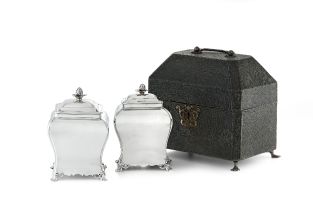 A pair of George III silver tea caddies, Augustin Le Sage, London, 1764, with fitted shagreen case