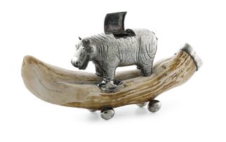 A Cape Colonial silver-mounted inkwell modelled as a hippopotamus, maker's initials JC for John Courtenay, late 19th century