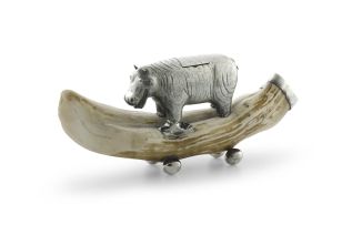 A Cape Colonial silver-mounted inkwell modelled as a hippopotamus, maker's initials JC for John Courtenay, late 19th century