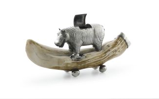 A Cape Colonial silver-mounted inkwell modelled as a hippopotamus, maker's initials JC for John Courtenay, late 19th century