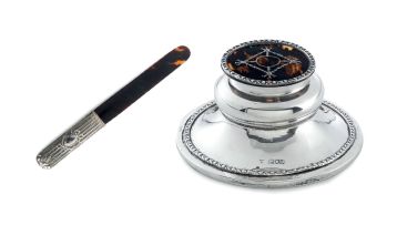 An Edward VII silver and tortoiseshell-mounted inkwell, maker's mark worn, London, double-struck date mark, probably 1909