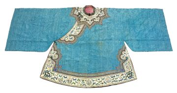 A Chinese blue silk embroidered robe, Qing Dynasty, late 19th century