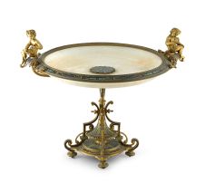 A French champlevé enamel, gilt-metal mounted alabaster centrepiece, 19th century