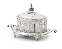A George III silver-mounted glass biscuit barrel, Richard Cook, London, 1805