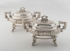 A pair of George III Sheffield-plate tureens, liners and covers, Morton, first quarter 19th century