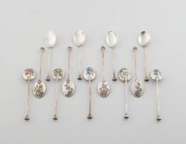 Thirteen George VI silver and enamel coffee spoons, H Clifford Davis Ltd, Birmingham, 1947-1951