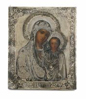 A Russian icon of The Holy Mother of Kazan, with unidentified assay master's mark, possibly Perm, 1886