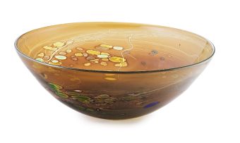 An amber and multicoloured glass bowl, Willem Heesen, executed at de Oude Horn, 1985