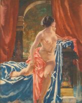 Sir William Russell Flint; Seated Nude on Blue Drapery by a Window