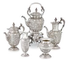 A Victorian/Edwardian five-piece silver ‘Cellini’ pattern tea and coffee service, Mappin & Webb Ltd, London, 1897-1909