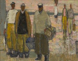 Barbara Grace Burry; Figures on the beach, Table Mountain in the distance