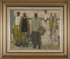 Barbara Grace Burry; Figures on the beach, Table Mountain in the distance