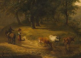 Dutch School, 19th century; A River Scene with Cattle and Figures