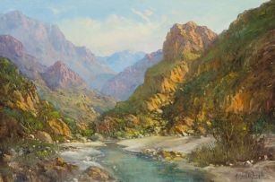 Gabriel de Jongh; Flowing River and Purple Mountains Beyond