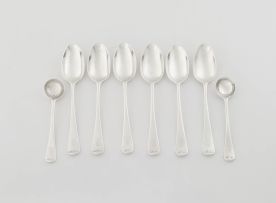 Six Edward VII silver Old English pattern teaspoons and a pair of mustard spoons, Crichton Brothers, London, 1908