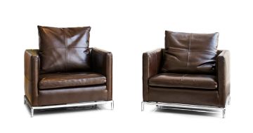 A pair of Italian brown leather armchairs, modern