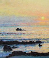 Walter Meyer; Seascape with Tugboat at Sunset