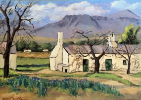 David Botha; Paarl Scene with Cottage, Mountains Beyond