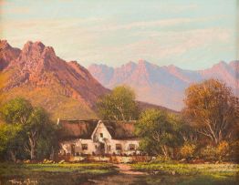 Tinus de Jongh; Cape Dutch Cottage and Mountain Range