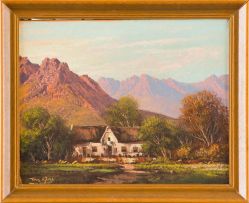 Tinus de Jongh; Cape Dutch Cottage and Mountain Range
