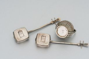 A pair of Japanese sterling silver pomanders in the form of a Samisen, early 20th century