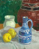 Gregoire Boonzaier; Still Life with Blue Jug and Lemons, recto; District Six, verso