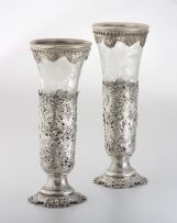 A pair of German silver-mounted engraved glass vases, .800 standard