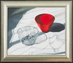 Karin Preller; Still Life with a Red Bowl and a Wire Bowl