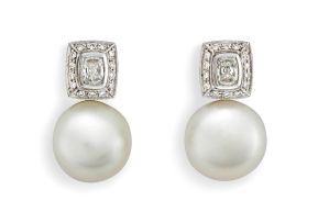 Pair of diamond and South Sea earrings