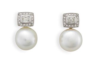 Pair of diamond and South Sea earrings