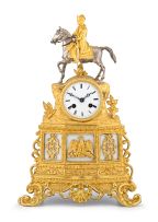 A French glit-metal and silvered marble-mounted figurative mantel clock, 19th century
