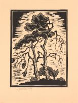 Gregoire Boonzaier; Six linocuts, including Portrait of a Man in a Hat; Sunflowers; Lilies; Crayfish; and two of Trees