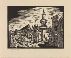 Gregoire Boonzaier; Five linocuts, including Moonflowers; Mosque & Lion's Head, Malay Quarter; Trees; Street Scene and Figure with Trees