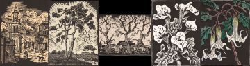 Gregoire Boonzaier; Five linocuts, including Moonflowers; Arums; Mosque; Trees; and Three Oaks with Houses