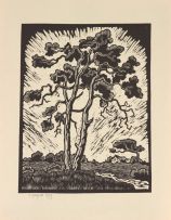 Gregoire Boonzaier; Five linocuts, including Moonflowers; Arums; Mosque; Trees; and Three Oaks with Houses