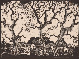 Gregoire Boonzaier; Six linocuts, including Moonflowers; Three Oaks with Houses; Hibiscus; Sunflowers; Donkey Cart; and Fishing Boats, Waenhuiskrans