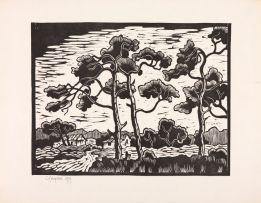 Gregoire Boonzaier; Six linocuts, including Donkey Cart; Sunflowers; Street Scene; Street with Donkey, District Six; Donkey Cart; and Cottages Beneath the Trees