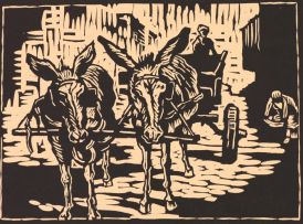 Gregoire Boonzaier; Six linocuts, including Donkey Cart; Sunflowers; Street Scene; Street with Donkey, District Six; Donkey Cart; and Cottages Beneath the Trees